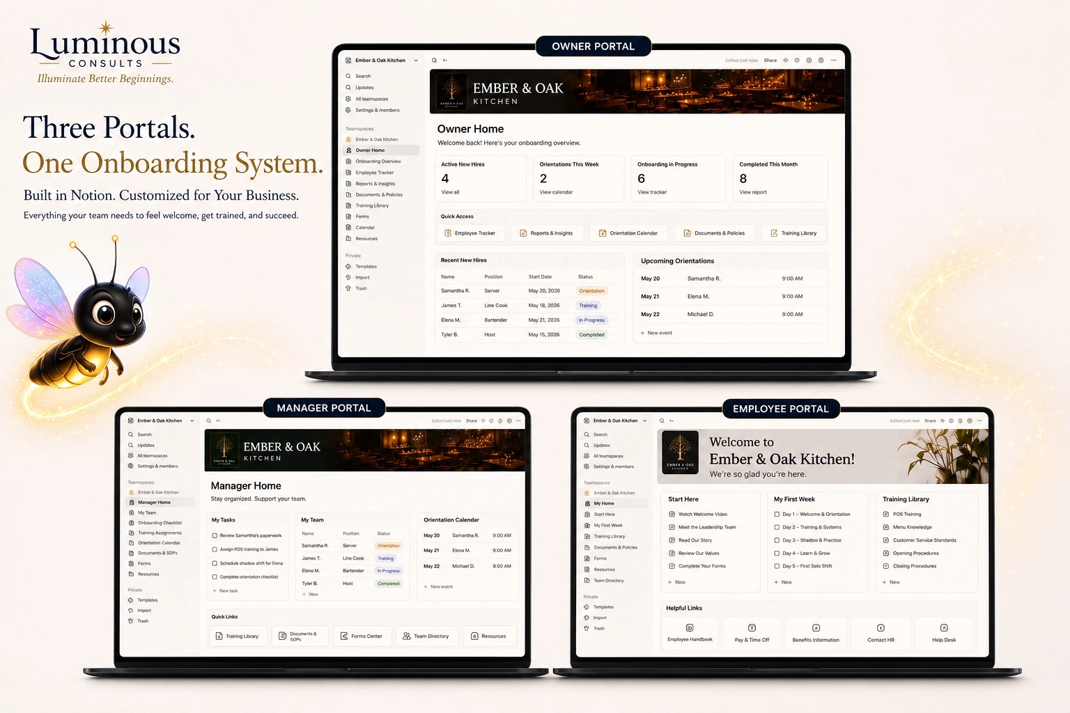 Owner, manager, and employee onboarding portal concept for fictional restaurant Ember and Oak Kitchen
