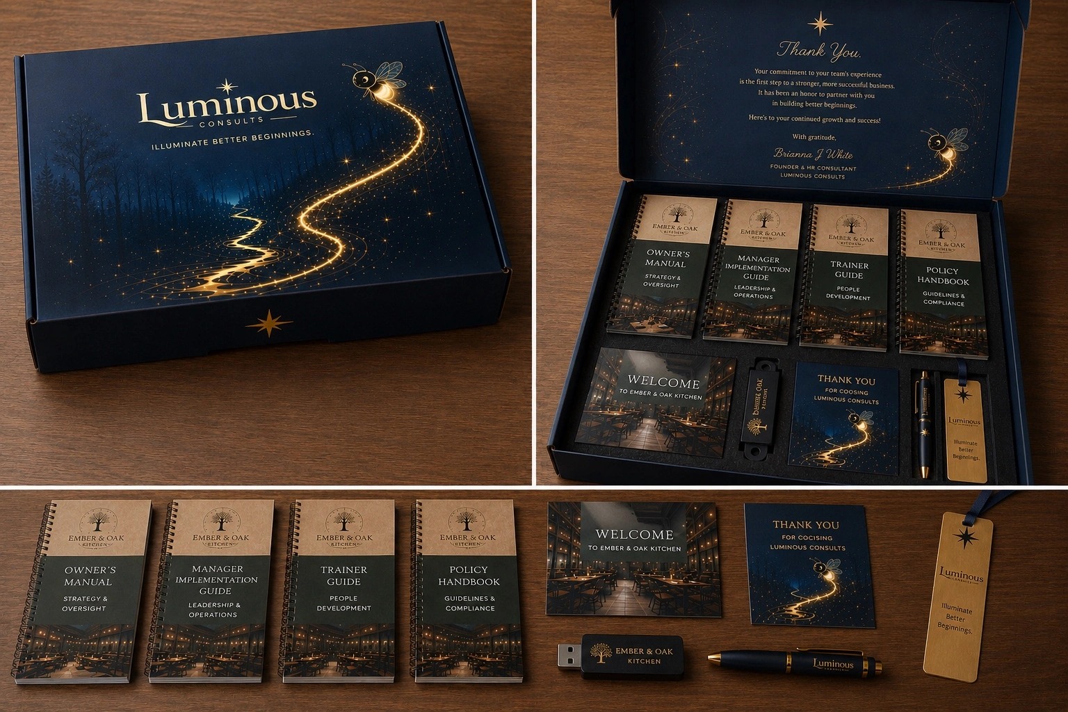 Physical Luminous onboarding demonstration kit with manuals, guides, welcome materials, USB drive, pen, and bookmark