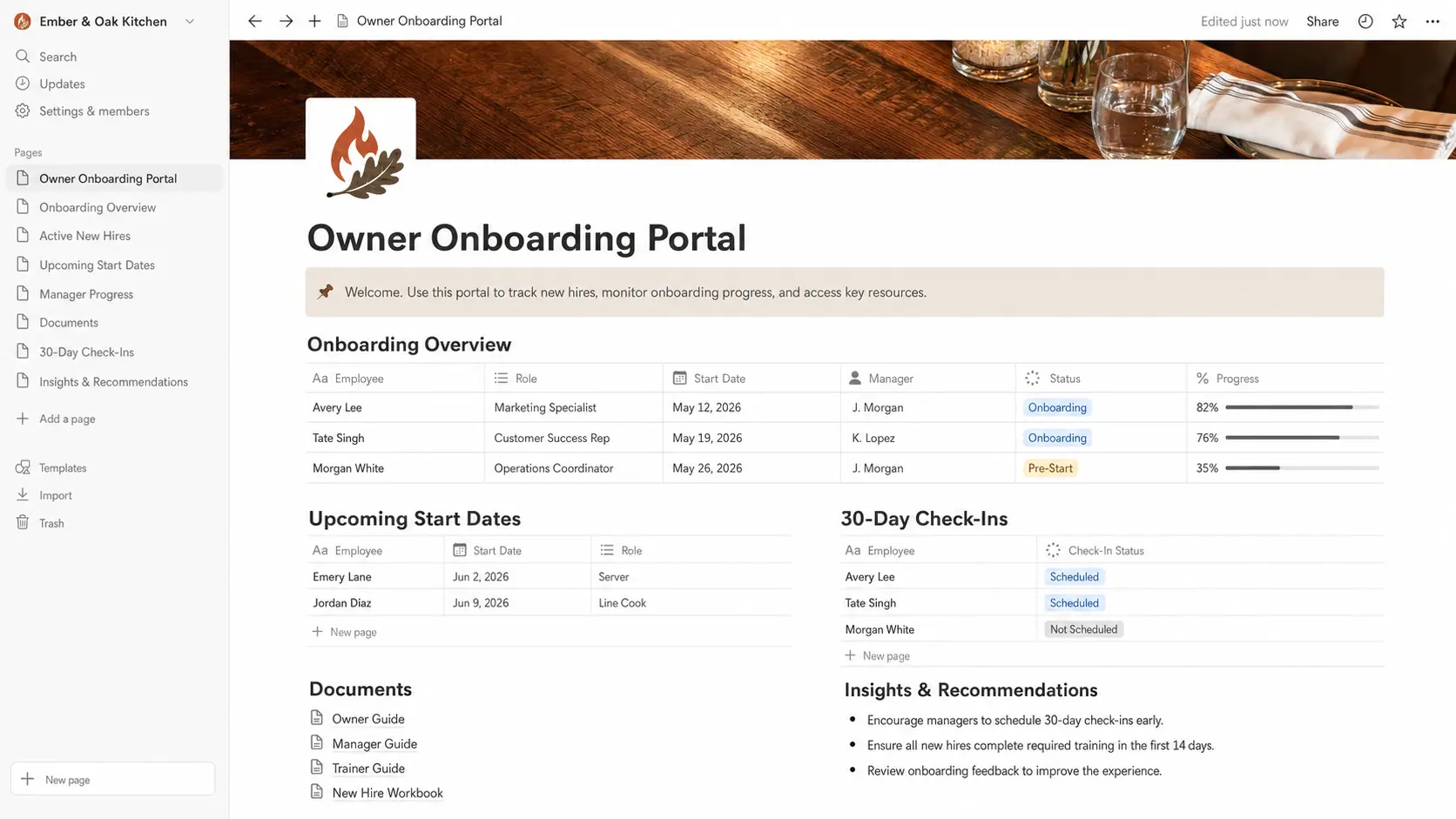 Owner onboarding portal concept for fictional restaurant Ember and Oak Kitchen