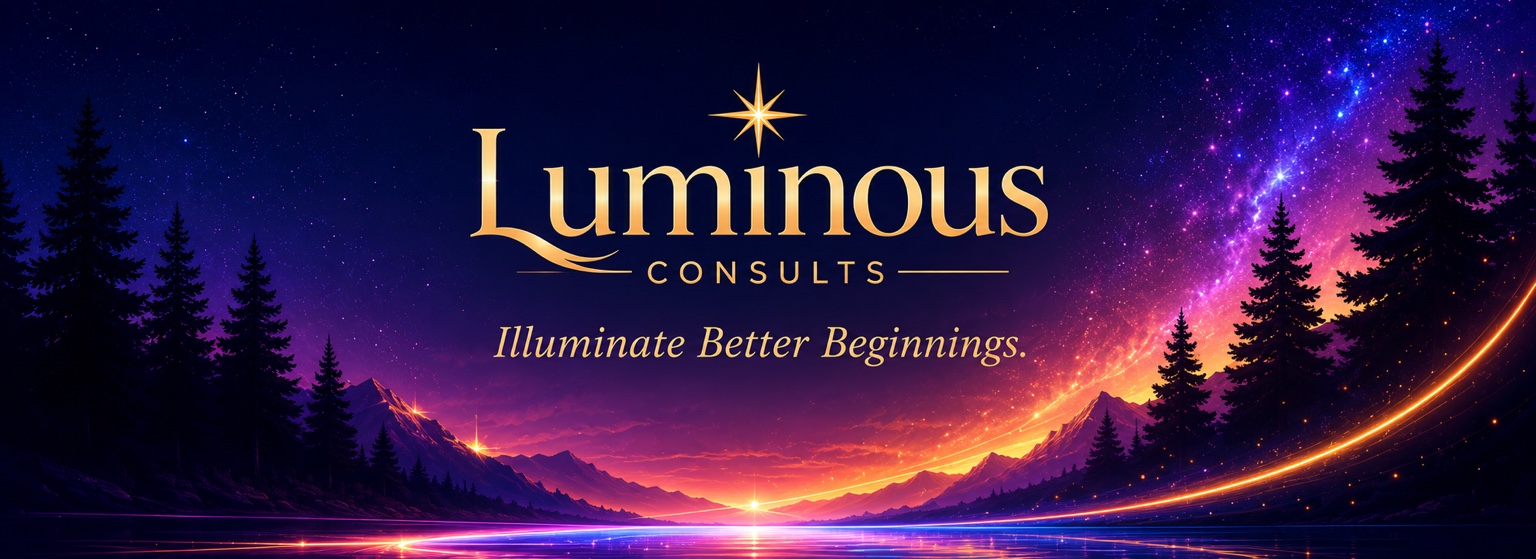 Luminous Consults twilight forest banner with logo and Illuminate Better Beginnings tagline